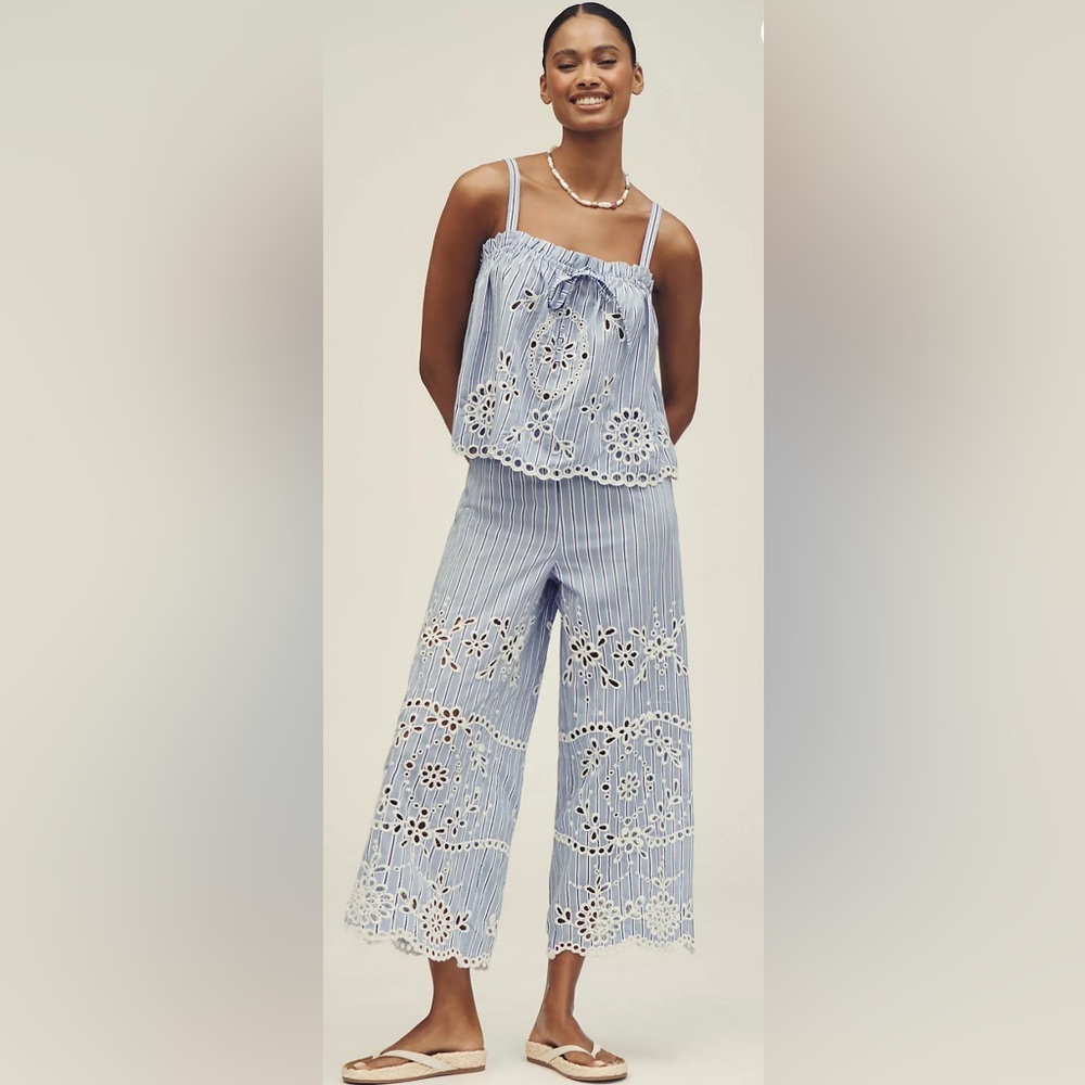 Maeve Blue and White Striped Eyelet Lace Camisole Top